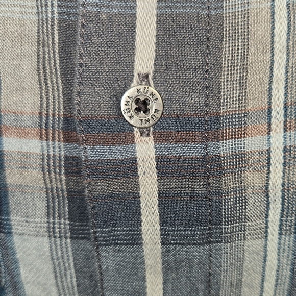 Kuhl Button Up Shirt Blue Plaid Linen Tapered Fit Pockets Outdoor Hiking - Picture 4 of 7